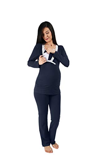 M.M.C. Still-Pyjama Set mit Spitze für Damen - Umstandspyjama Schlafanzug Nachtwäsche für Schwangerschaft und Stillzeit mit Stillfunktion, Langarm (Dunkelblau, Small)
