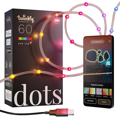 Twinkly Dots - App-gesteuerte flexible LED-Lichterkette mit 60 RGB (16 Millionen Farben) LEDs. Transparentes Kabel (10 Fuß). USB-gespeist. Indoor Smart Home Beleuchtung Dekoration.