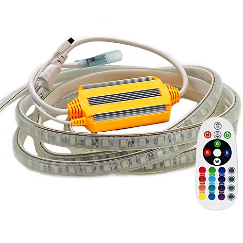 VAWAR 5m RGB LED Strip, 220V dimmbar Streifen, 5050 Farbwechsel Lichtleiste, 60 LEDs/m Led Band, wasserdichte Lichtschlauch mit Netzteil & 24-Tasten IR Fernbedienung