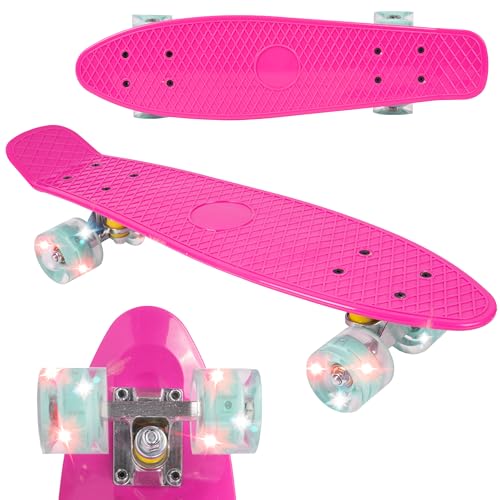 Malplay Mini Skateboard mit Leuchtende RGB LED-Räder | 22" Cruiser Board für Kinder und Jugendliche | Kinderskateboards | Gute Wahl für Anfänger | ab 6 Jahre | 56cm | Rosa und Minze