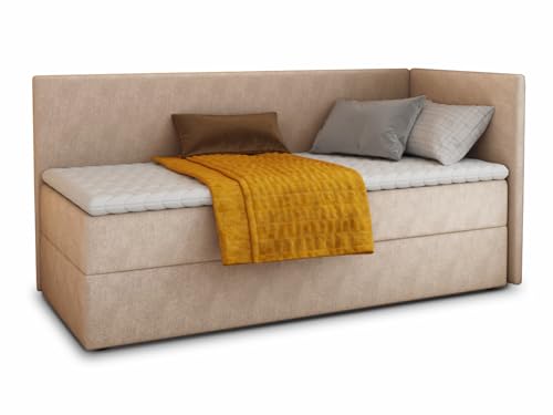 Boxspringbett Flame mit Bettkasten - Einzelbett mit Bonell-Matratze und Topper, Polsterbett, Universelle Bettseite, Bett, Schlafzimmer, Kinderzimmer (Beige (Paros 02), 80 x 200 cm)