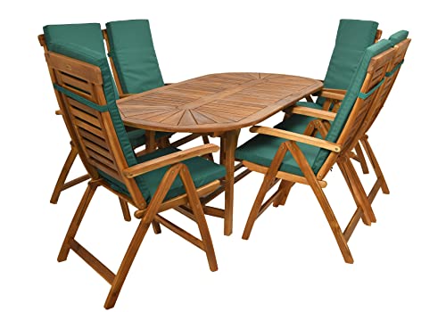 Rattanland | Gartenmöbel Set Bristol mit 6 Stühlen Ascot - Exotenholz, Akazie mit FSC-Zertifikat (grüne Kissen), 195 x 90 x 72 cm Tisch, (GSB2)