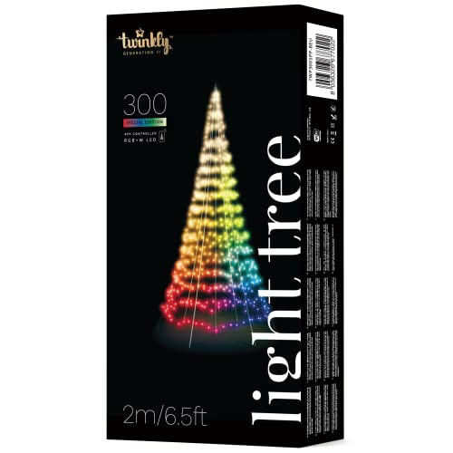 Twinkly Light Tree – App-controlled Flag-pole Christmas Tree with 300 RGB+W (16 million colors + pure Warm White) LEDs. 6.6 ft / 2 m, Black. Outdoor smart Christmas lighting decoration