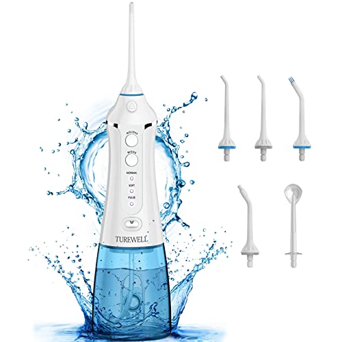 TUREWELL Munddusche Elektrische Wasser Flosser, 3 Modi und 4 Düsen USB Wiederaufladbarer Zahnreiniger, IPX7 Wasserdicht,300ml Oral Irrigator für eine Gründliche Reinigung und Massage des Zahnfleisches