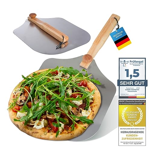 Profi Pizzaschaufel XXL, Aluminium Pizzaschieber platzsparendes Premium Modell mit drehbaren Holz-Griff, eckiger Brotschieber