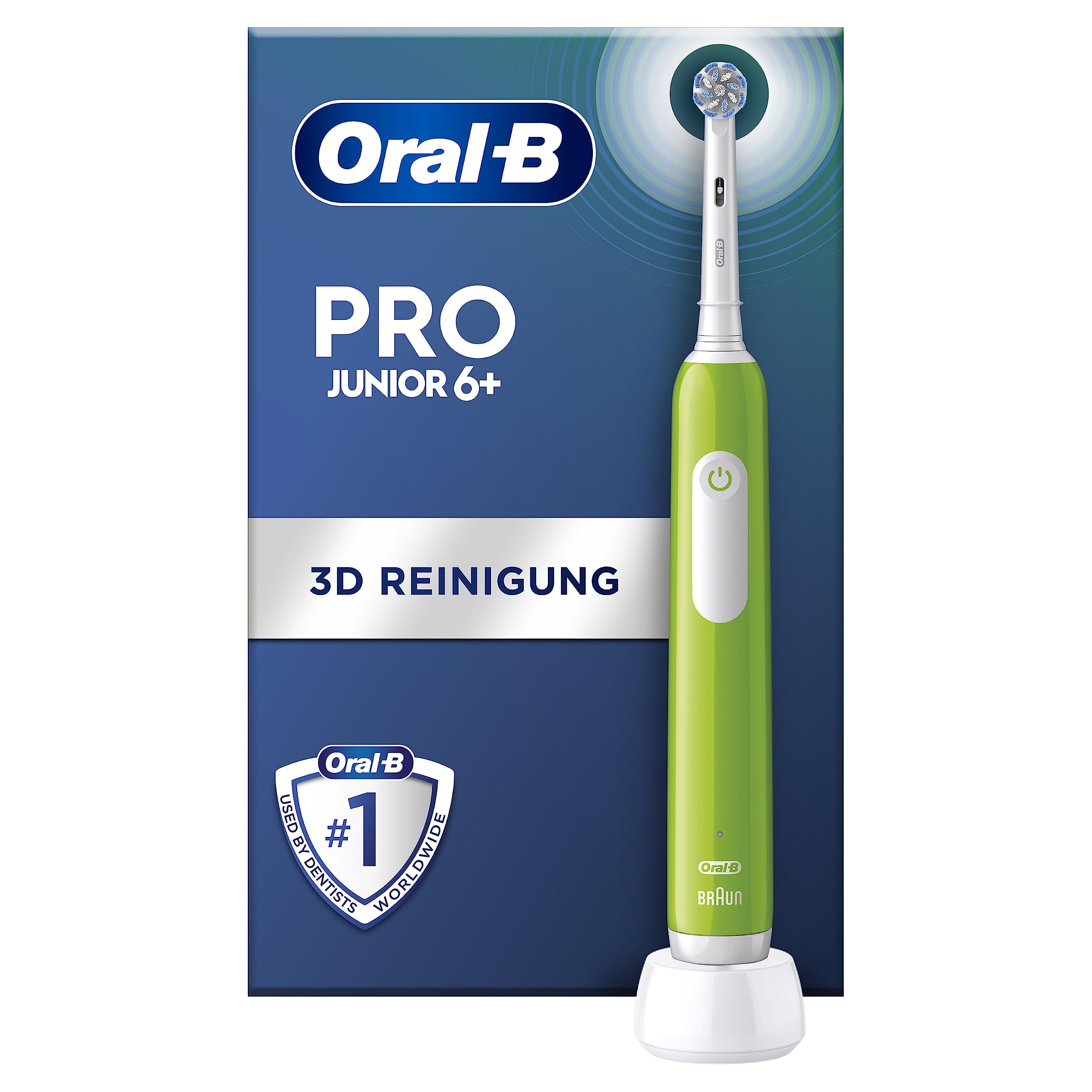 Oral-B Pro Junior Elektrische Zahnbürste/Electric Toothbrush für Kinder ab 6 Jahren, Drucksensor, 3 Putzmodi inkl. Sensitiv für Zahnpflege, weiche Borsten & Timer, Designed by Braun, grün