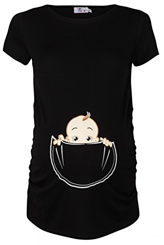 Happy Mama. Damen Baby in der Tasche T-Shirt Top Oberteil für Schwangere. 501p (Schwarz, 40-42, L)