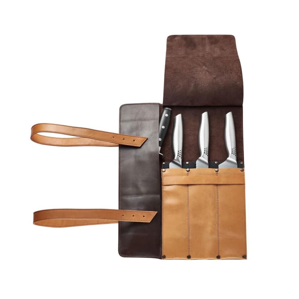 OraGarden Mergel Messertasche für Kochmesser, Messerrolle, Rolltasche, Tasche für Köche aus Premium Echt-Leder für 3 Messer (Chestnut)