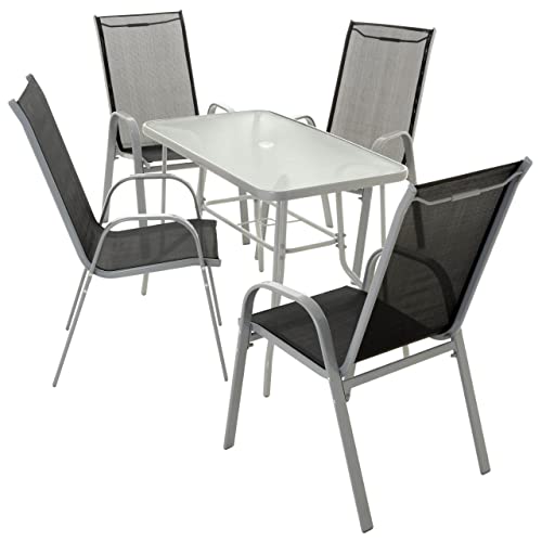 Nexos ZGC34477_SL_S2 5-teiliges Gartenmöbel-Set – Gartengarnitur Sitzgruppe Sitzgarnitur aus Stapelstühlen & Esstisch – Stahl Glas – Textilene schwarz/Rahmen grau