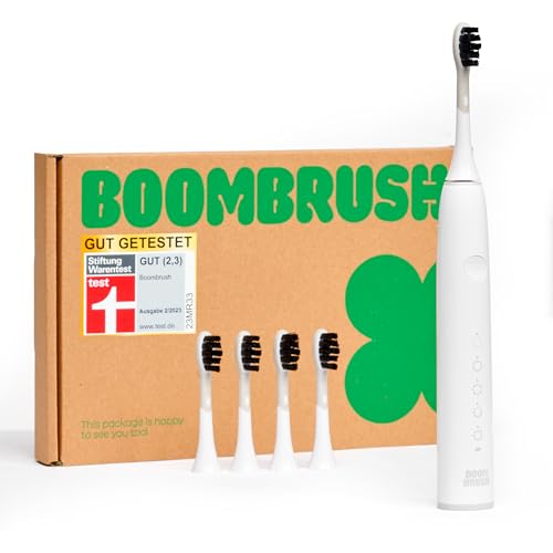 BOOMBRUSH Elektrische Zahnbürste Schallzahnbürste mit 90 Tage Power-Akku inkl. 5 Aufsteckbürsten - Weiß
