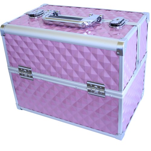 Arebos Kosmetikkoffer | 15L | 5 Fächer | Aluminium | Diamant-Muster | inkl. Schloss & Schlüssel | 2 ausklappbare Etagen | Samteinlage | 32 x 27 x 22 cm | Pink
