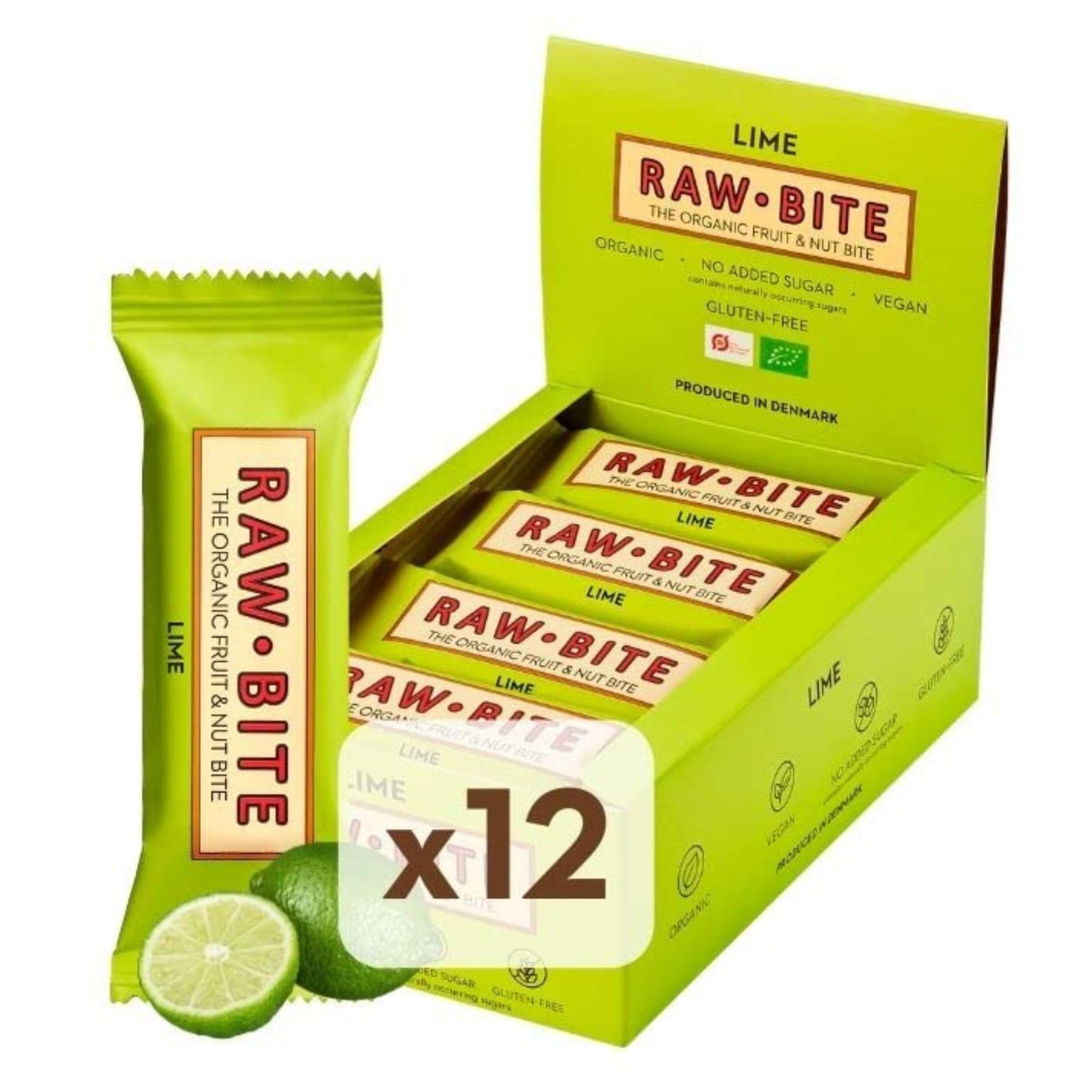 RAWBITE LIME in der 12er Box - Vegan, glutenfrei & ohne Zuckerzusatz - Bio Frucht-Nuss-Riegel mit Limettensaft (12 x 50 g)