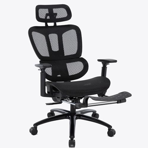 TRISENS Bürostuhl in moderner Mesh-Optik mit Fußstütze ergonomischer Drehstuhl mit Nacken und Lordosenstütze - Gamingstuhl mit atmungsaktiver Netzrückenlehne und Wippfunktion, Farbe:Schwarz