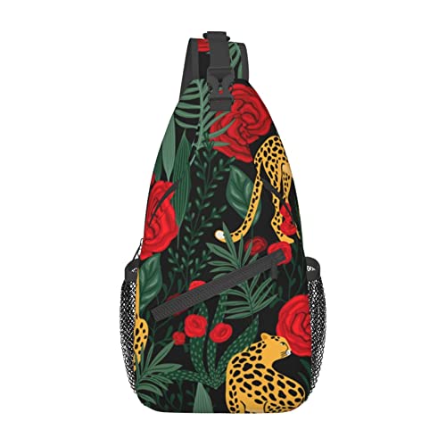Schulterrucksack mit Leoparden- und Rosenmuster, leicht, faltbar, wasserabweisend, für den täglichen Gebrauch, Schwarz , Einheitsgröße