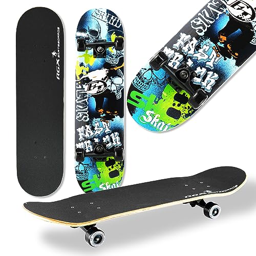 WeLLIFE Skateboard für Anfänger, 80x20cm Holz Skateboard Kinder, Jugendliche Erwachsene,ABEC-9 Kugellager, 9 Schichten Ahorn Double Kick Skate Concave Trick, Grafik-Skateboard auf Grip Tape RGX-Serie