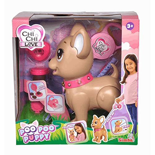 Simba - Chi Chi LOVE Poo Poo Puppy - Chihuahua Spielzeug Hündchen aus Kunststoff, zum Gassi gehen, inklusive Leine, Leckerlis und Zubehör, für Kinder ab 3 Jahren, mehrfarbig