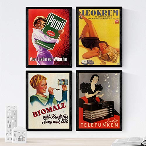 Nacnic Poster Jahrgang. Alte Plakate mit Anzeigen. Vier Vintage Anzeige Plakate mit Frauen. A3 Größe