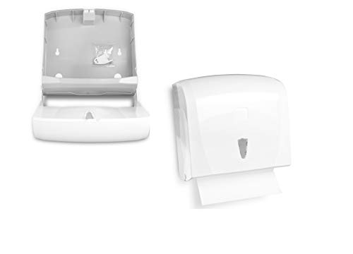 Handtuch-Papierspender | klein und kompakt, Kapazität für ca. 300 Blatt C/V-Falz | Spender im modernen Design, weiß | Sichtfenster zur Verbrauchskontrolle und abschließbar inkl. Befestigungsmaterial
