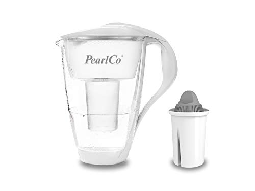 PearlCo - Glas-Wasserfilter (weiß) mit 1 Protect+ classic Filterkartusche (f. hartes Wasser) - passt zu Brita Classic
