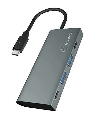 ICY BOX USB-C Gen 2 Hub mit 4 USB Ports, USB 3.1 Gen2 10 Gbit/s, Aluminium, integriertes Kabel, Anthrazit