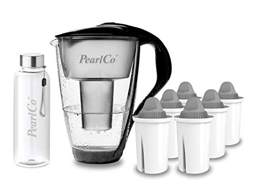 PearlCo - Glas-Wasserfilter (schwarz) mit 6 Protect+ classic Filterkartuschen (f. hartes Wasser) + 1 Trinkflasche aus Glas