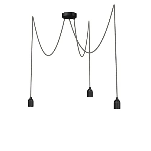 Pendelleuchte 3-flammig Relight Kraken (höhenverstellbar), E27 Lampenfassungen aus Bakelit, 3x 1.5 Meter Textilkabel Leinen-Schwarz Zick Zack