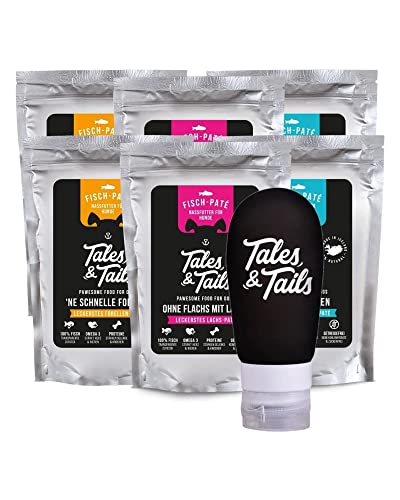 Tales & Tails® - Schlecktubenpaket I Futtertube für Hunde + 6 x hochwertige Belohnung zur Befüllung I 6 x 100g Nassfutter I Monoprotein I 100% Fisch Mix