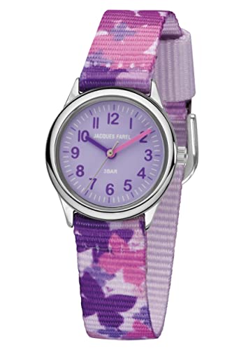 JACQUES FAREL Kinder-Armbanduhr Lernuhr Mädchen Analog Quarz mit Textilband Schmetterlinge Lila Rosa Violett HCC 3142