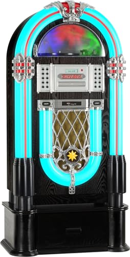 Beatfoxx GoldenAge XXL-Jukebox mit Plattenspieler, CD-Player, UKW-Radio, Bluetooth - Retro Musikbox mit LED-Beleuchtung, Holz-Gehäuse und Unterschrank - USB/SD-Slot, AUX-Eingang und MP3-Player