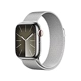 Apple Watch Series 9 (GPS + Cellular, 41 mm) Smartwatch mit Edelstahlgehäuse und Milanaise Armband in Silber. Fitnesstracker, Blutsauerstoff und EKG Apps, Always-On Retina Display, Wasserschutz