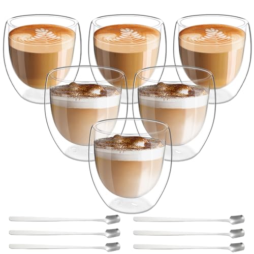 Latte Macchiato Gläser Doppelwandig Espressotassen Set: 6 x 80ml Doppelwandige Gläser mit 6 Löffeln, Cappuccino Tassen Kaffeetassen Kaffeegläser Eiskaffee Glas Kaffeebecher Thermogläser