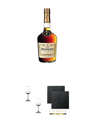 Hennessy VS Cognac Frankreich 0,7 Liter + Nosing Gläser Kelchglas Bugatti mit Eichstrich 2cl und 4cl - 2 Stück + Schiefer Glasuntersetzer eckig ca. 9,5 cm Ø 2 Stück
