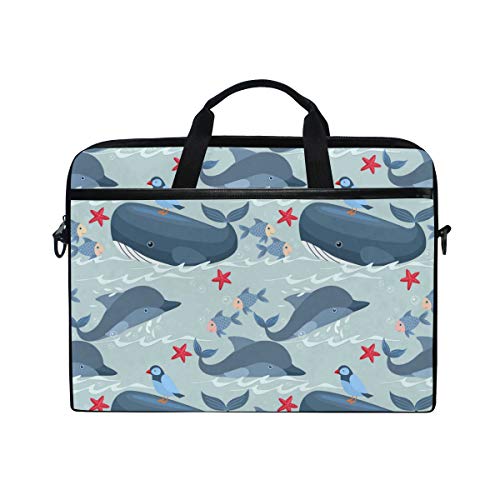 Linomo Computertasche / Laptoptasche mit Meeresfischen, Delfinwal, Laptoptasche, Aktentasche, Messenger Sleeve, Laptoptasche, Schultertasche, passend für 33 cm (14 Zoll) / 14,5 Zoll Laptop, für Damen, Herren, Büro, Kinder, Schule