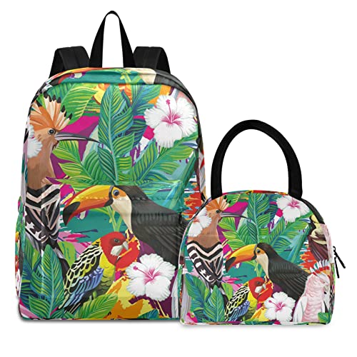 Tropischer Vogel Tukan Papagei Büchertasche Lunchpaket Set Schulter Rucksacks Bookbag Kinderrucksack Isolierte Lunchbox-Tasche für Mädchen Jungs