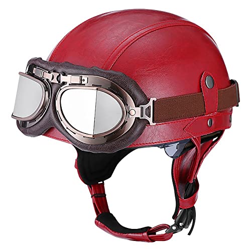 Deutsche Leder Motorrad Halbhelme mit ECE, Vintage Helme mit Schutzbrille, Jethelm Retro, Chopper Helm, Scooter-Helm, Offenem Helm, mit Sonnenblende und Herausnehmbares Innenfutter