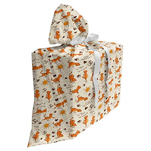ABAKUHAUS Katze Baby Shower Geschänksverpackung aus Stoff, Kitties Doing Yoga Paws, 3x Bändern Wiederbenutzbar, 70 x 80 cm, Creme Orange Braun