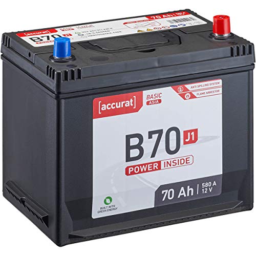 Accurat Basic Asia B70 Autobatterie - 12V, 70Ah, 580A, zyklenfest, wartungsfrei, 30% mehr Startleistung, Ca-Technologie, Pluspol rechts - Starterbatterie, Nassbatterie, Blei-Säure Batterie