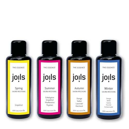 JOILS® Saunaaufguss Set "4-Jahreszeiten", 4x100ml, 100% naturreines Öl für Ihre Sauna, BIO-Saunaöl im Geschenkset, vom Familienbetrieb aus dem Schwarzwald