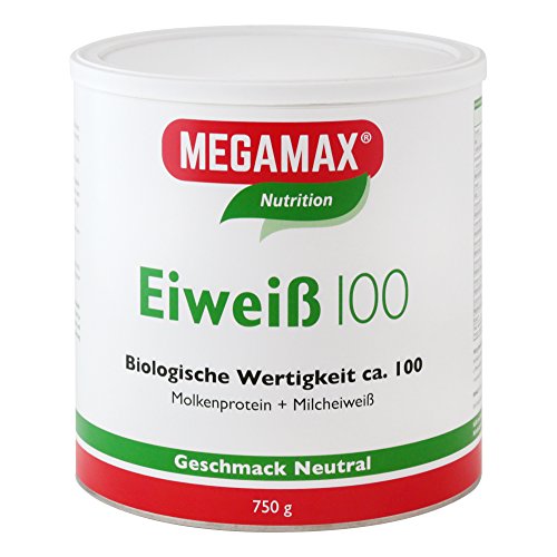 MEGAMAX Eiweiss 100. Geschmack Neutral. Inhalt: 750 g. Protein Pulver - mit Vitaminen, Magnesium und Calcium. Ideal für Sportler, Ernährungsbewusste und Diaet. Produktion in Deutschland.