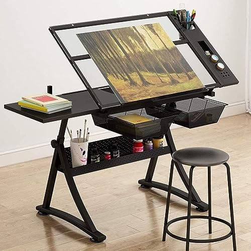 MaGiLL Glasplatten-Zeichentisch, Zeichentisch mit Stauraum, höhenverstellbarer Künstler-Zeichentisch zum Lesen, Schreiben, Arbeiten, Heimbüro