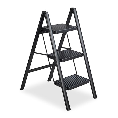 Relaxdays Trittleiter klappbar, 3 Stufen, leichte Treppenleiter Stahl, Leiter bis 120 kg, HxBxT 85 x 42 x 66 cm, schwarz