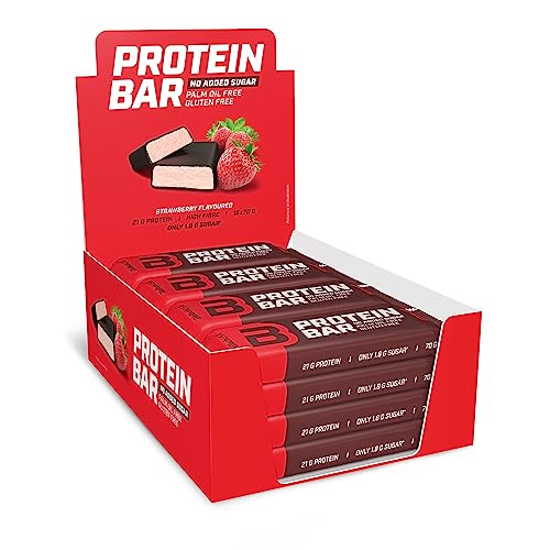 BioTechUSA Protein Bar, ballaststoffreicher Riegel mit 21 g Protein und niedrigem Zuckergehalt, gluten-und palmölfrei, 16 * 70g, Erdbeere