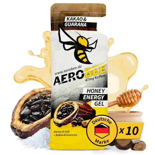 AEROBEE Energy Gel | Kakao & Guarana | 10 Pack x 26 g | 100% Natürliche Energie aus Honig für Ausdauersport | Schnelle und Dauerhafte Energie | Sehr Bekömmlich