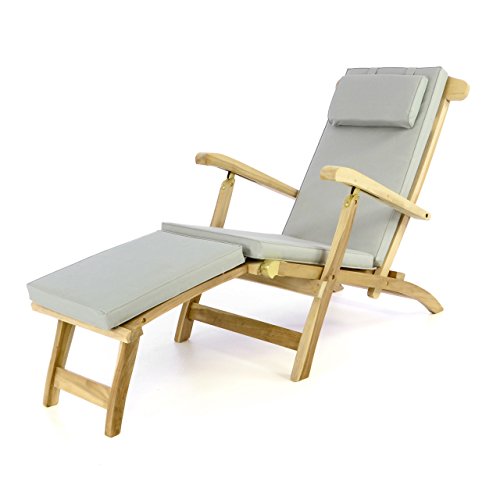Divero eleganter Deckchair Florentine Liegestuhl Steamer Chair Teakholz unbehandelt inkl. Liegenauflage mit Kopfteil hellgrau wasserabweisend
