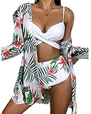 BRONG Damen Bikini Set mit hoher Taille mit Cover Up Hochdrücken 3-teilige Badeanzüge für Damen Halfter Criss Cross