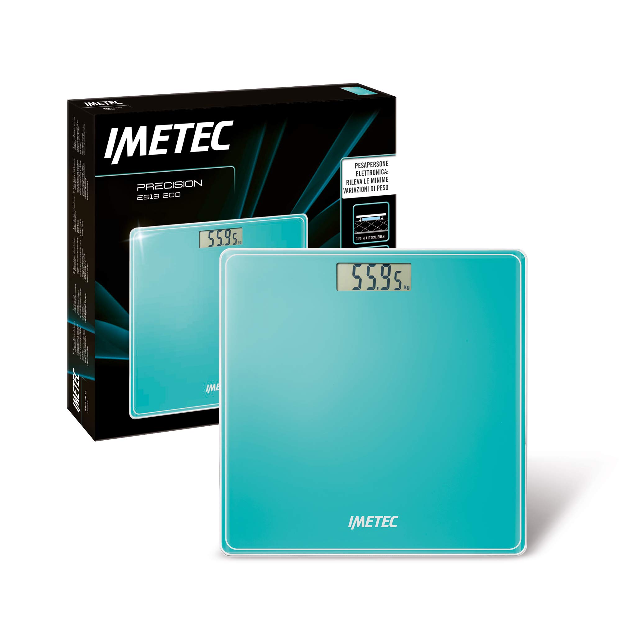 Imetec Precision ES13 200 Elektronische Personenwaage, zeigt minimale Gewichtsänderungen auf, bis zu 180 kg, LCD-Display, gehärtetes Glas, Batterien im Lieferumfang enthalten