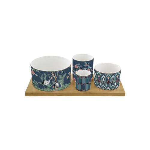 Aperitif Set mit 4 Schalen aus Porzellan auf Tablett aus Bambus