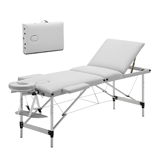 Meerveil Mobile Massageliege Klappbare Therapieliege Tragbares Massagebett Leichter Massagetisch 3 Zonen mit Höhenverstellbaren Aluminiumfüße, Weiß