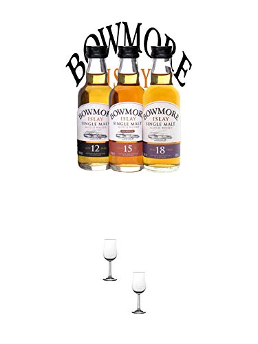 Bowmore Distillers Collection in Geschenkpackung 3 x 5 cl + Nosing Gläser Kelchglas Bugatti mit Eichstrich 2cl und 4cl - 2 Stück
