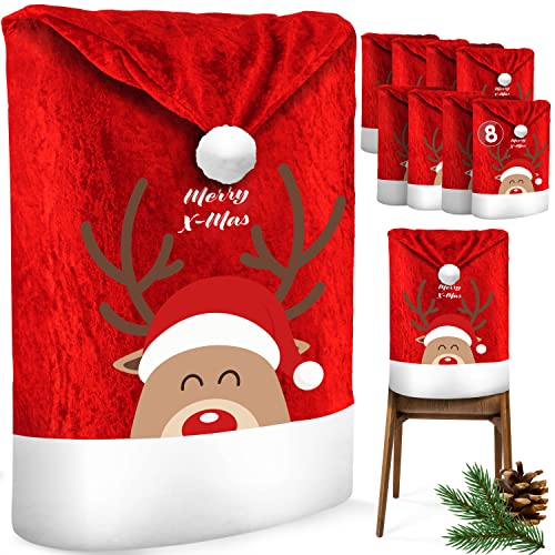 KESSER® Premium Weihnachtsstuhlüberzug 8er Set Stuhlhussen für Weihnachten Nikolausmütze Stuhlbezug Husse Weihnachtsdeko für Stühle Überzieher - Stuhlabdeckung im weihnachtlichen Design